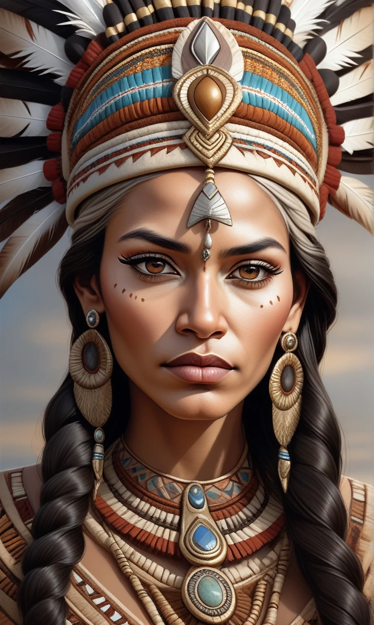 high quality, detailed, intricate, photorealistic portrait of an indigenous queen, wearing traditional headdress and jewelry, with intense, piercing eyes, high cheekbones, full lips, long lashes, delicately sculpted face, dignified expression, ornate clothing in earthy tones, intricate patterns and embroidery, flowing hair, natural lighting, cinematic composition, hyperrealistic, 8k, masterpiece