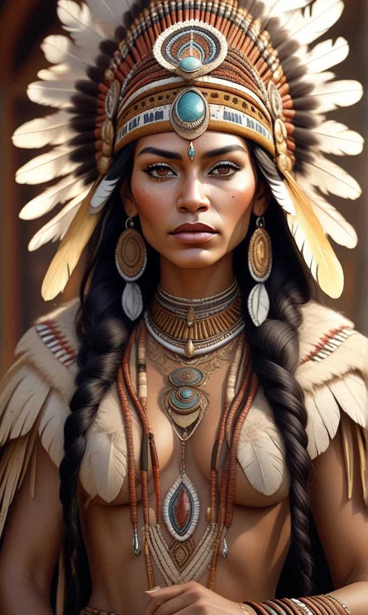 high quality, detailed, intricate, photorealistic portrait of an indigenous queen, wearing traditional headdress and jewelry, with intense, piercing eyes, high cheekbones, full lips, long lashes, delicately sculpted face, dignified expression, ornate clothing in earthy tones, intricate patterns and embroidery, flowing hair, natural lighting, cinematic composition, hyperrealistic, 8k, masterpiece