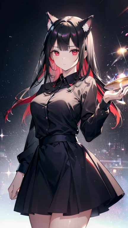 (Cat girl), (smoking), cat ears, black hair, business casual attire, cool, red dress shirt, pretty red eyes, cat tail, ((Crimson Red Eyes eyes: 1.3, Upturned Eyes: 1, Perfect Eyes, Beautiful Detailed Eyes, Gradient eyes: 1, Finely Detailed Beautiful Eyes: 1, Symmetrical Eyes: 1, Big Highlight On Eyes: 1.2)), (((Lustrous Skin: 1.5, Bright Skin: 1.5, Skin Fair, Shiny Skin, Very Shiny Skin, Shiny Body, Plastic Glitter Skin, Exaggerated Shiny Skin, Illuminated Skin))), (Detailed Body, (Detailed Face)), (((Skirt))), High Resolution, Sharp Focus, Ultra Detailed, Extremely Detailed, Extremely High Quality Artwork, (Realistic, Photorealistic: 1.37), 8k_Wallpaper, (Extremely Detailed CG 8k), (Very Fine 8K CG), ((Hyper Super Ultra Detailed Perfect Piece)), (((Flawless masterpiece))), Illustration, Vibrant Colors, (Intricate), High Contrast, Selective Lighting, Double Exposure, HDR (High Dynamic Range), Post-processing, Background Blur
