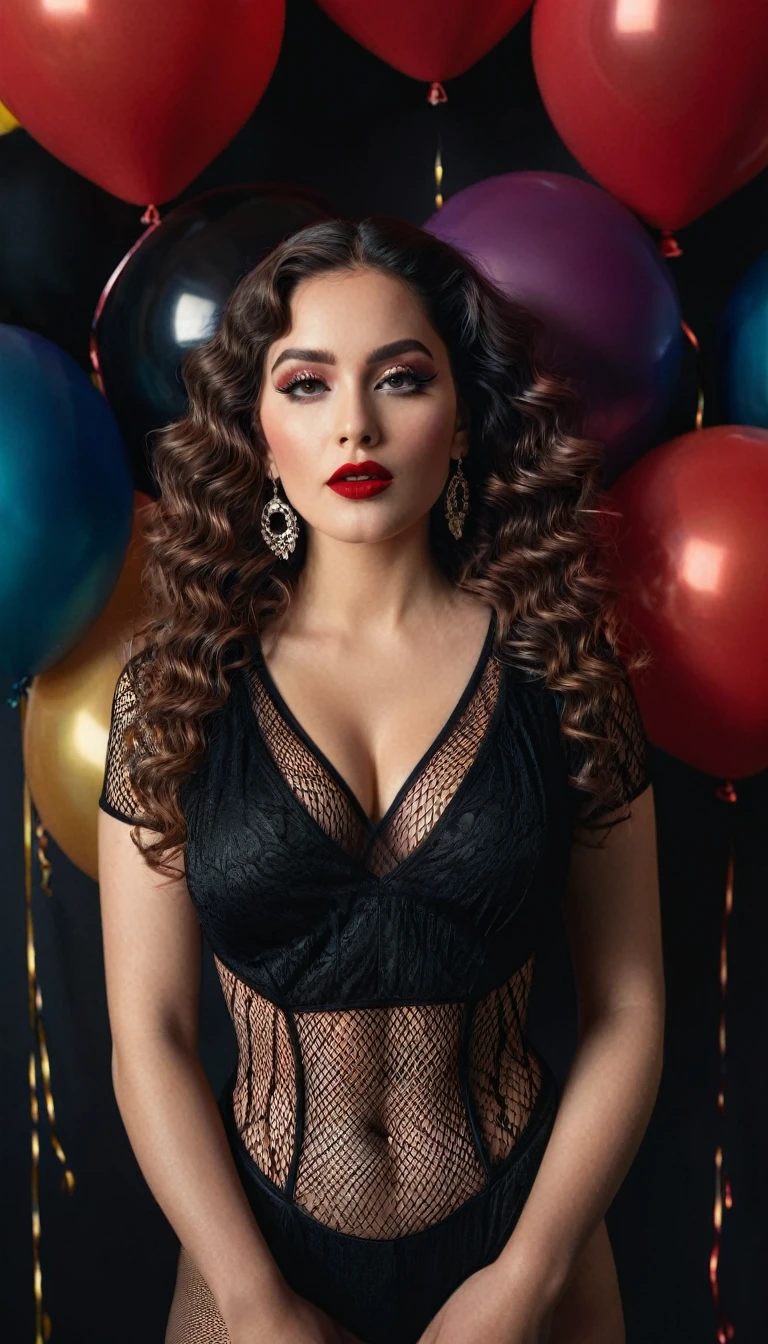 Gorgeous, curvaceous woman, sexy chic style, ultra-realistic detail, She poses indoors in full body, (((wearing a black V-neck fishnet body suit))), (((both hands are at her side))), Cartier earrings and necklace, her long curly hair cascades, standing in front of wall of colorful large balloons during sunset, radiating elegance with red lipstick and radiant Gothic makeup with eyeshadow, photo boasts shadow lighting and analog style, shot in ultra-high resolution with a Hasselblad X1D camera, Fuji Velvia Film, soft cinematic lighting enhances her face in this anatomically accurate, 8K