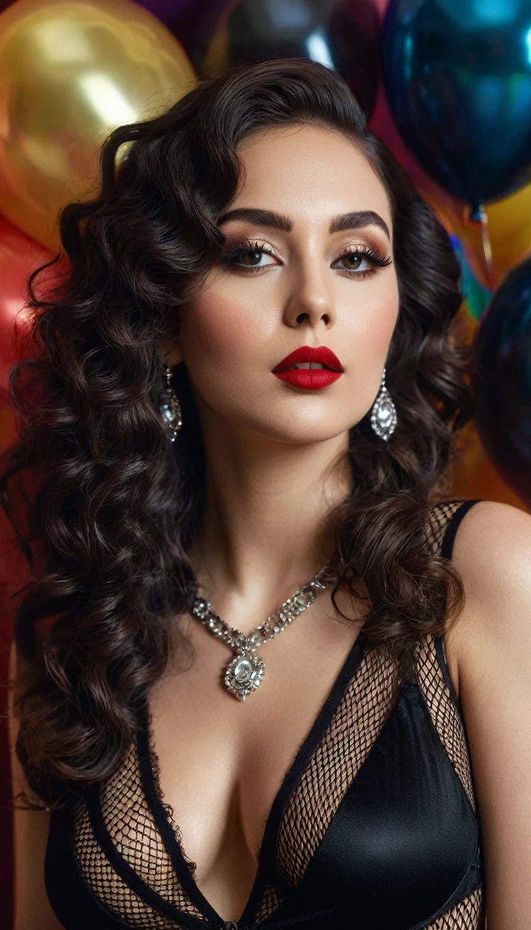 Gorgeous, curvaceous woman, sexy chic style, ultra-realistic detail, She poses indoors in full body, (((wearing a black V-neck fishnet body suit))), (((both hands are at her side))), Cartier earrings and necklace, her long curly hair cascades, standing in front of wall of colorful large balloons during sunset, radiating elegance with red lipstick and radiant Gothic makeup with eyeshadow, photo boasts shadow lighting and analog style, shot in ultra-high resolution with a Hasselblad X1D camera, Fuji Velvia Film, soft cinematic lighting enhances her face in this anatomically accurate, 8K