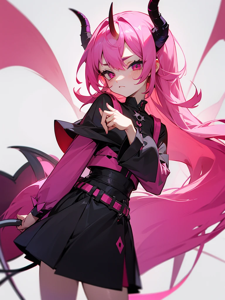 A demon with black little horn pink hair and a demon tail