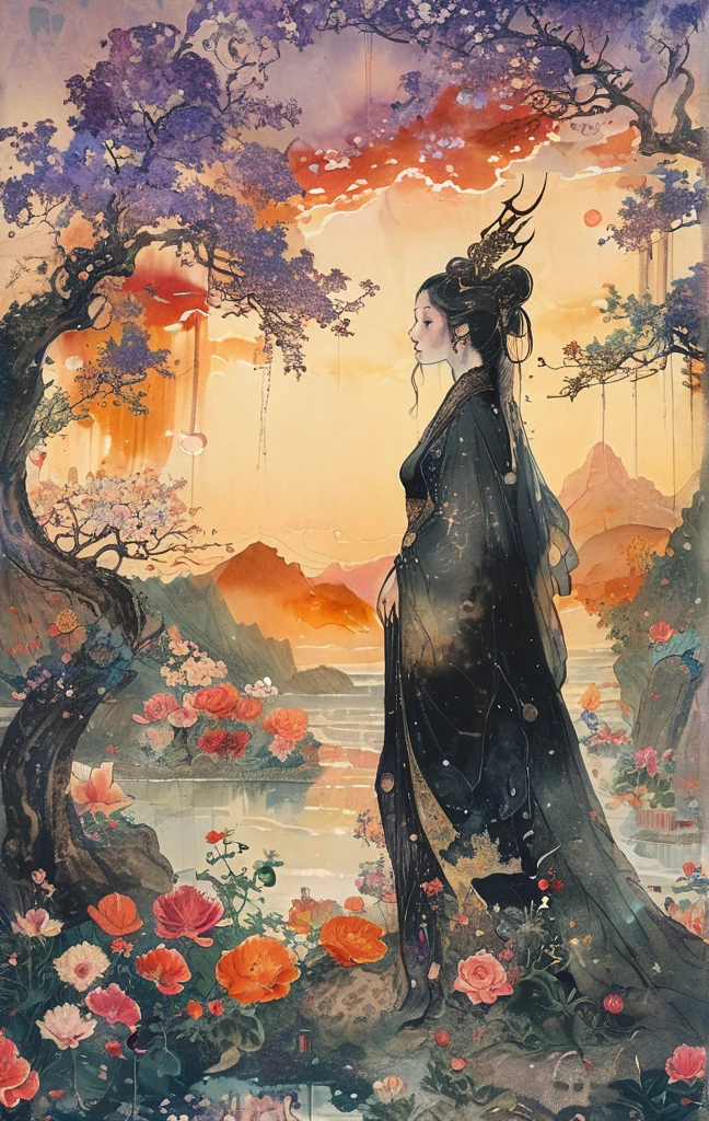 A white dragon lies in the middle of an endless field full of purple flowers, surrounded by snow-capped mountains and a blue sky sparkling with golden sunset rays. The whole scene is filled with a dreamy atmosphere, with vibrant colors and detailed background elements rendered in high resolution and detailed in a top quality illustration style. A girl with black hair and white eyes, dressed in dark , stands next to an anthropomorphic tiger, both looking at the camera. The background is adorned with intricate patterns of flowers and leaves., with a black color scheme, taken from a low angle shot, with high resolution and high detail, a masterpiece 、(Highest quality,4K,8K,High resolution,masterpiece:1.2),Super detailed,(Realistic,photoRealistic,photo-Realistic:1.37),Hot thick succubus mom with long black hair, deep black lips, She wears a revealing black leather outfit with BDSM themes.. Her outfit consists of a seductive bustier, accentuate her voluptuous figure. Her skin is a captivating shade of fiery red, Exudes a devilish charm. A pair of majestic demon wings gracefully grow from her back., Intricately detailed and intricately painted patterns. On her head, She has enchanted tiefling horns, Embodying her other-dimensional existence. The artwork should capture her captivating aura., Showing her confidence and strength. The lighting in the scene should accentuate the seductive curves of her body., Project dramatic shadows and highlights. The color palette should evoke a sense of darkness and desire., Rich black contrast, red, deep chestnut color.