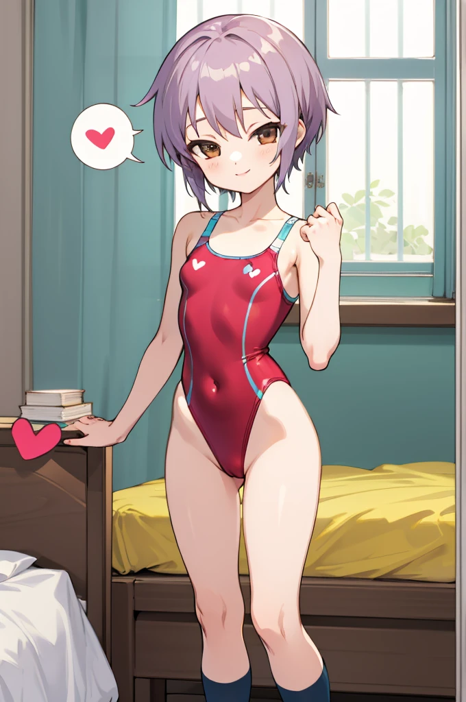 masterpiece, best quality, highres, ny1,,looking viewer,,spoken heart,,(petite), ,swimsuits,leotard,socks,expressionless,my room,smile,standing