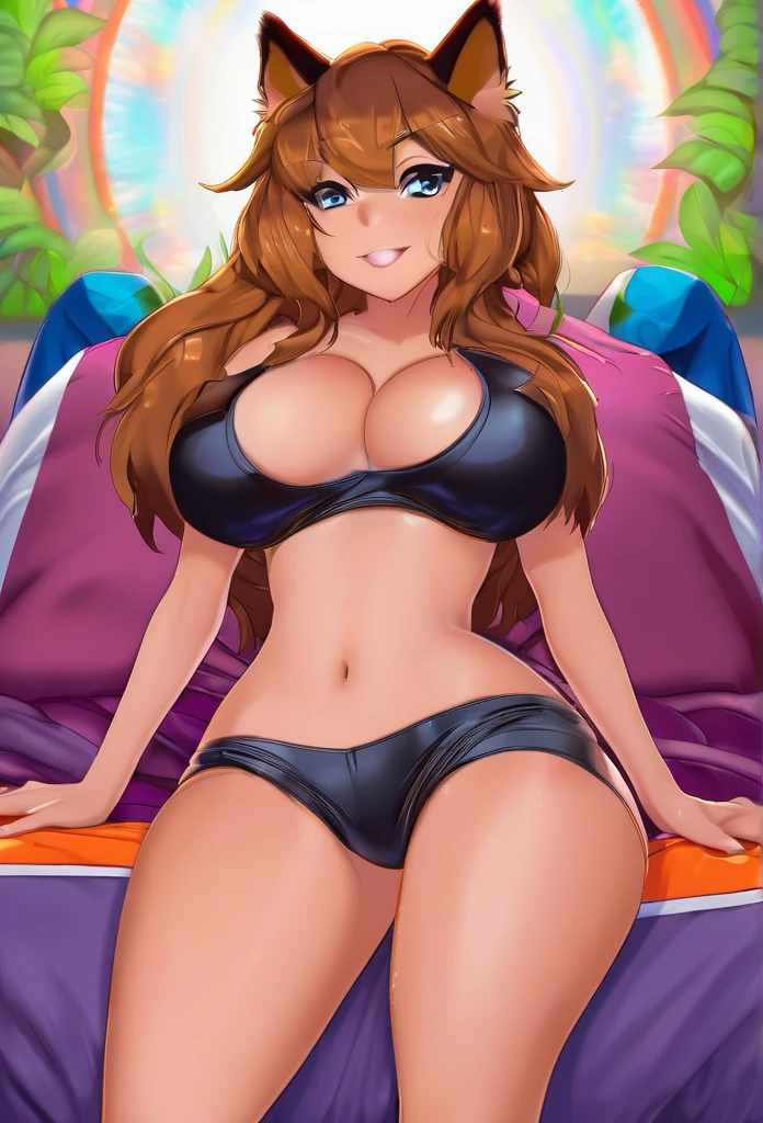 (best quality,highres),furry girl,fur textures,Anthro,micro bikini,NSFW,exhibitionism,big breast,big ass,bulge,wet,colored lighting,vibrant colors,playful mood,provocative pose,soft focus,lush background,erotic art,implied nudity,sensuality,teasing,animalistic,iridescent fur,glowing eyes, wide hips, hu breasts, nipple bulge, bike shorts, sports bra, cameltoe, sweaty, steam, nude, solo, lying on back, legs spread, pussy, anus, nipples, navel, looking at viewer, score_9, score_8_up, score_7_up, score_6_up, score_5_up, score_4_up, (mother and dad:1.5) ((both having sex)) ((standing and carrying sex position))