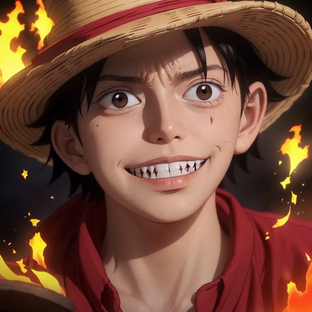 1boy, wanostyle, monkey d luffy, smiling, straw hat, looking at viewer, solo, upper body, ((masterpiece)), (best quality), (extremely detailed), depth of field, sketch, dark intense shadows, sharp focus, soft lighting, hdr, colorful, good composition, fire all around, spectacular, closed shirt, anime screencap, scar under eye, ready to fight, black eyes, handsome boy