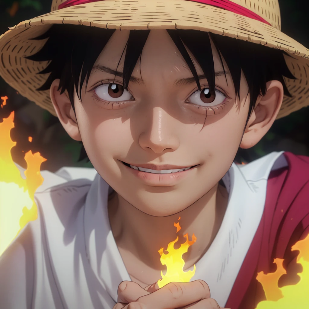 1boy, wanostyle, monkey d luffy, smiling, straw hat, looking at viewer, solo, upper body, ((masterpiece)), (best quality), (extremely detailed), depth of field, sketch, dark intense shadows, sharp focus, soft lighting, hdr, colorful, good composition, fire all around, spectacular, closed shirt, anime screencap, scar under eye, ready to fight, black eyes, handsome boy