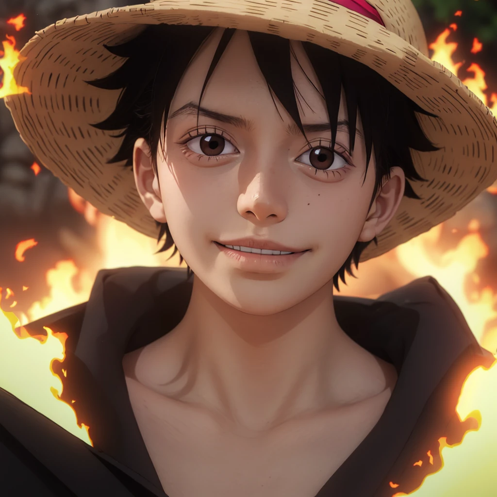1boy, wanostyle, monkey d luffy, smiling, straw hat, looking at viewer, solo, upper body, ((masterpiece)), (best quality), (extremely detailed), depth of field, sketch, dark intense shadows, sharp focus, soft lighting, hdr, colorful, good composition, fire all around, spectacular, closed shirt, anime screencap, scar under eye, ready to fight, black eyes, handsome boy