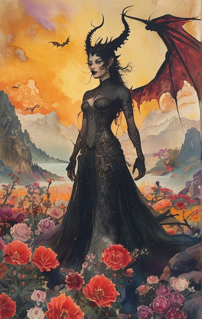 A white dragon lies in the middle of an endless field full of purple flowers, surrounded by snow-capped mountains and a blue sky sparkling with golden sunset rays. The whole scene is filled with a dreamy atmosphere, with vibrant colors and detailed background elements rendered in high resolution and detailed in a top quality illustration style. (Highest quality,4K,8K,High resolution,masterpiece:1.2),Super detailed,(Realistic,photoRealistic,photo-Realistic:1.37),Hot thick succubus mom with long black hair, deep black lips, She wears a revealing black leather outfit with BDSM themes.. Her outfit consists of a seductive bustier, accentuate her voluptuous figure. Her skin is a captivating shade of fiery red, Exudes a devilish charm. A pair of majestic demon wings gracefully grow from her back., Intricately detailed and intricately painted patterns. On her head, She has enchanted tiefling horns, Embodying her other-dimensional existence. The artwork should capture her captivating aura., Showing her confidence and strength. The lighting in the scene should accentuate the seductive curves of her body., Project dramatic shadows and highlights. The color palette should evoke a sense of darkness and desire., Rich black contrast, red, deep chestnut color.