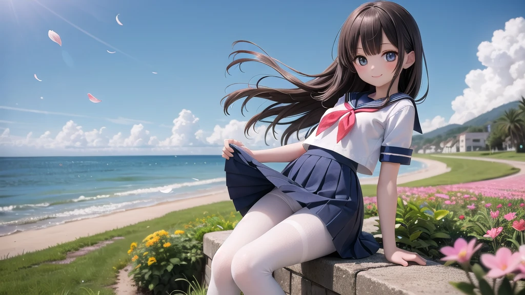 wallpaper, Clear face, (masterpiece), town, blue sky, One Girl, Place the person on the right, smile, alone, Sailor suit、Long skirt, Overgrown, petal, plant、Skirt lining、White slip、nostalgic、Grey pantyhose、I can see the ocean in the distance, Crotch close-up 