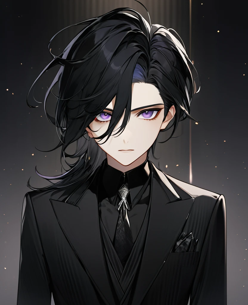 (black_hair), (dark_black_eyes), (black_pupils), (vertical_slit_pupils), (detailed_eyes), (attractive), (emotionless), (void_space_background), (male), (wearing _a_black_suit), (long_male_hair), (detailed_Hair), (detailed), (detailed_mouth),