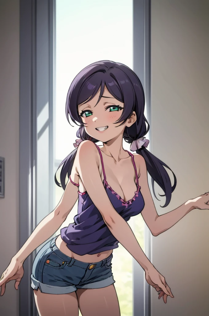  1girl,    nozomi toujou,,6yo,(ite),medium breasts,,,camisole,denim shorts,looking viewer,grin,cleavage