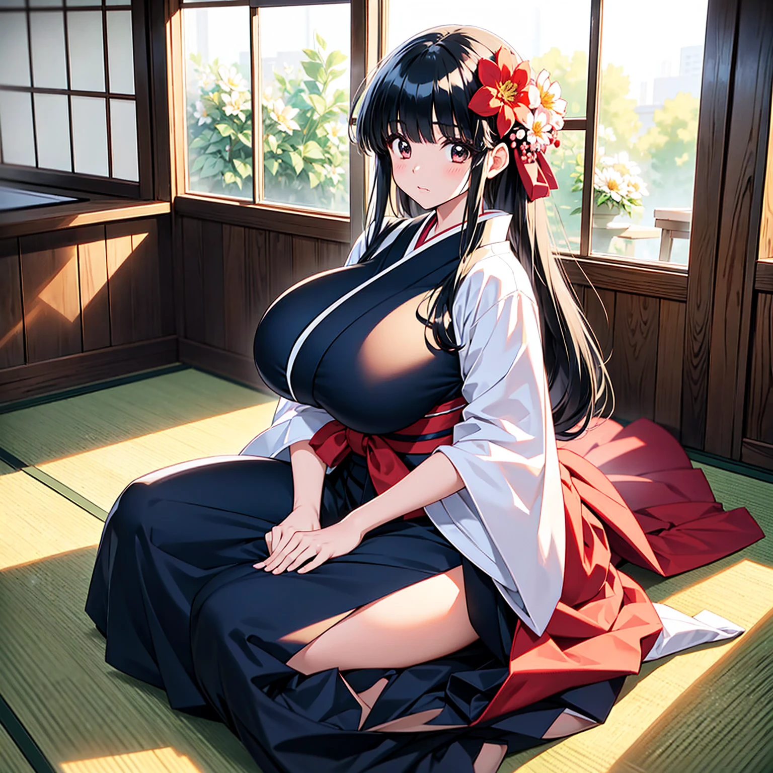 Japanese girl　Black hair gigantic breasts (Flower)(Flower Arrangement Club)（Flower Arrangement）a woman sitting in a chair wearing a kimono, with her hand resting on top of her pants, 1girl, solo, japanese clothes, long hair, sitting, black hair, hakama, skirt, looking at viewer, hakama skirt, blush, white kimono, bangs, kimono, closed mouth, black hakama, seiza, long sleeves, breasts,kendo hall, wood floor, ,big breasts, huge breasts, gigantic breasts,flower arrangement,big breasts, huge breasts, gigantic breasts