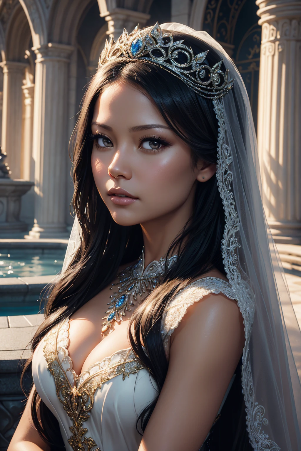 36k, portrait Vanessa Lachey, wearing veil bride tiara costume, aagainst the background of the fountain, character portrait, 7 9 9 0 s, long hair, intricate, elegant, highly detailed, digital painting, artstation, concept art, smooth, sharp focus, illustration, art by wlop, charlie bowater and alexandra fomina