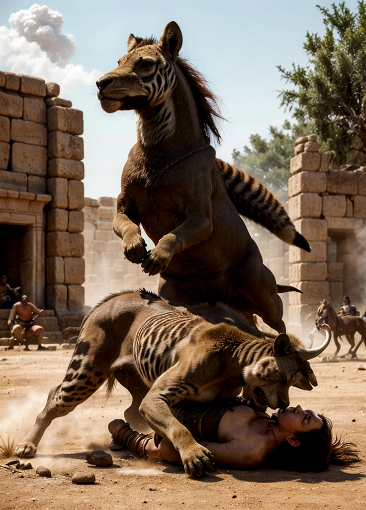 Spartan fighting a lion in the coliseum