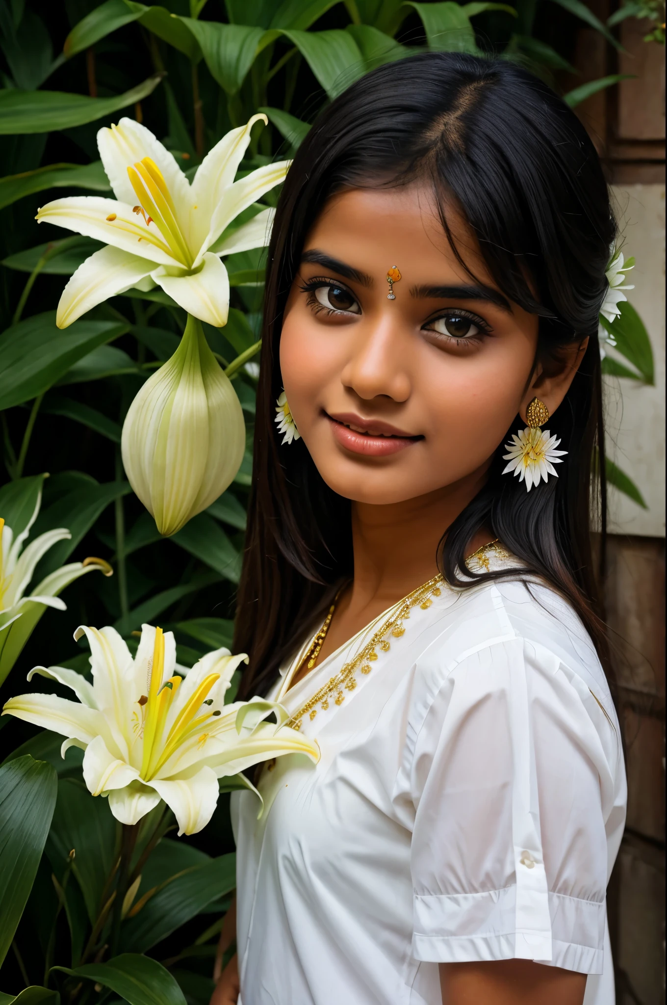 Indian traditional girl with lily flowers.