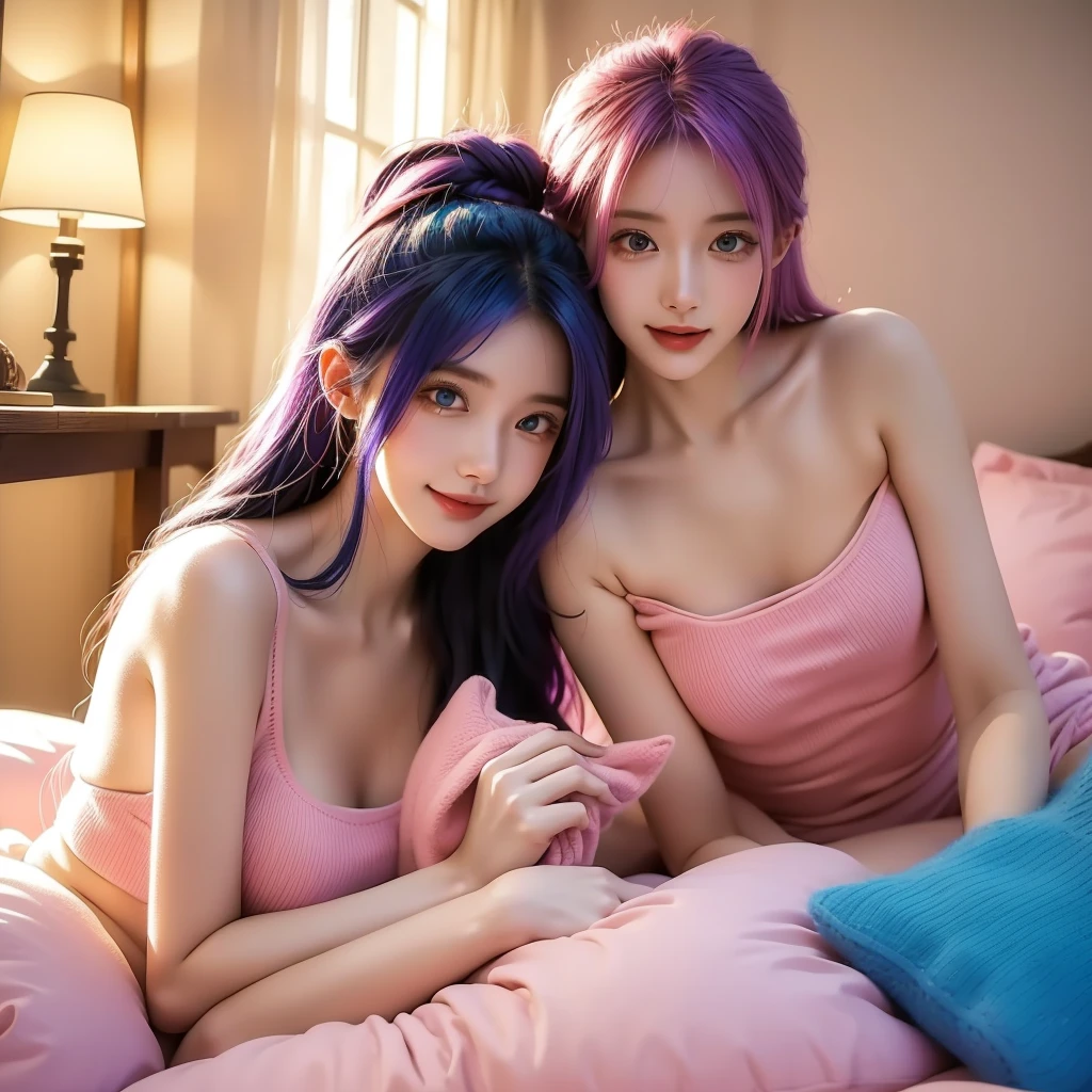 Pink Princess, (Pink-Blue hair), ((big hair)), double eyelid, ((skinny body)), cute expression, perfect skin, (fluffy), pink eyes, (cute clothing), (NSFW)