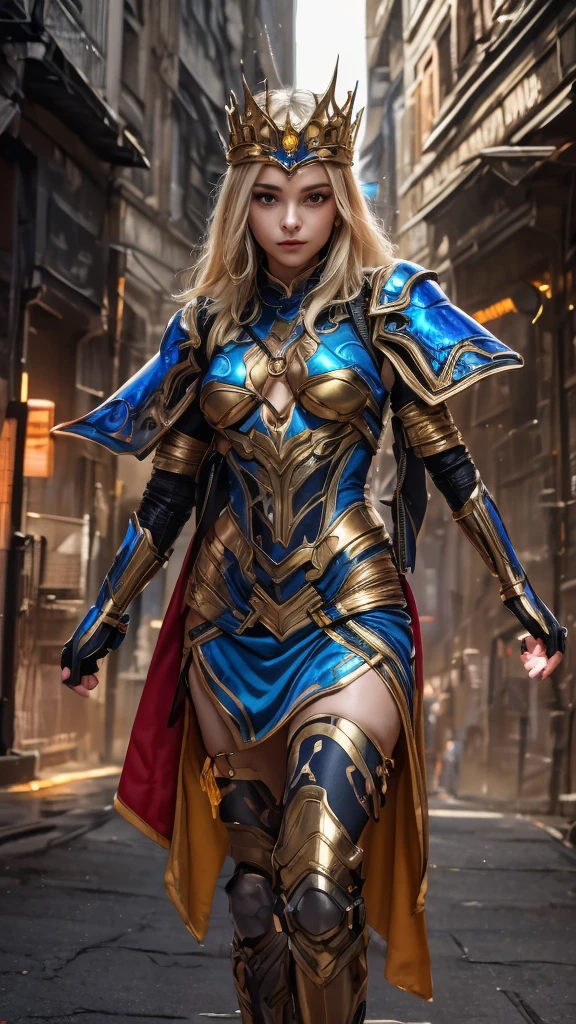 A woman adorned in fantasy-style full-body armor, a crown-concept fully enclosed helmet that unveils only her eyes, a composite layered chest plate, fully encompassing shoulder and hand guards, a lightweight waist armor, form-fitting shin guards, the overall design is heavy-duty yet flexible, (the armor gleams with a golden glow, complemented by red and blue accents), exhibiting a noble aura, she floats above a fantasy-surreal high-tech city, this character embodies a finely crafted fantasy-surreal style armored hero in anime style, exquisite and mature manga art style, (mixture of Queen bee and Spider concept Armor, plasma), ((Element, elegant, goddess, femminine:1.5)), metallic, high definition, best quality, highres, ultra-detailed, ultra-fine painting, extremely delicate, professional, anatomically correct, symmetrical face, extremely detailed eyes and face, high quality eyes, creativity, RAW photo, UHD, 32k, Natural light, cinematic lighting, masterpiece-anatomy-perfect, masterpiece:1.5