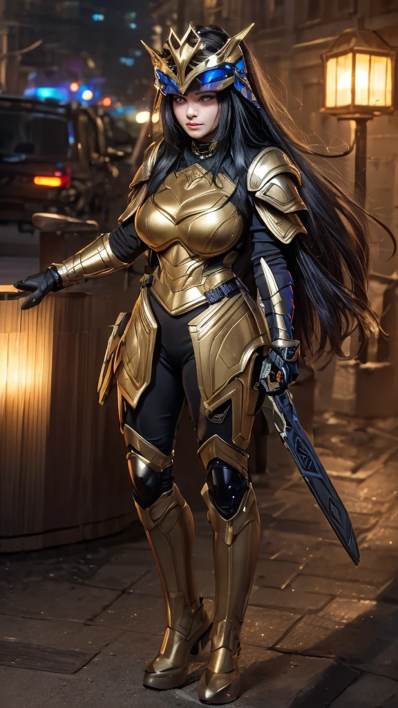 A woman adorned in fantasy-style full-body armor, a crown-concept fully enclosed helmet that unveils only her eyes, a composite layered chest plate, fully encompassing shoulder and hand guards, a lightweight waist armor, form-fitting shin guards, the overall design is heavy-duty yet flexible, (the armor gleams with a golden glow, complemented by red and blue accents), exhibiting a noble aura, she floats above a fantasy-surreal high-tech city, this character embodies a finely crafted fantasy-surreal style armored hero in anime style, exquisite and mature manga art style, (mixture of Queen bee and Spider concept Armor, plasma), ((Element, elegant, goddess, femminine:1.5)), metallic, high definition, best quality, highres, ultra-detailed, ultra-fine painting, extremely delicate, professional, anatomically correct, symmetrical face, extremely detailed eyes and face, high quality eyes, creativity, RAW photo, UHD, 32k, Natural light, cinematic lighting, masterpiece-anatomy-perfect, masterpiece:1.5