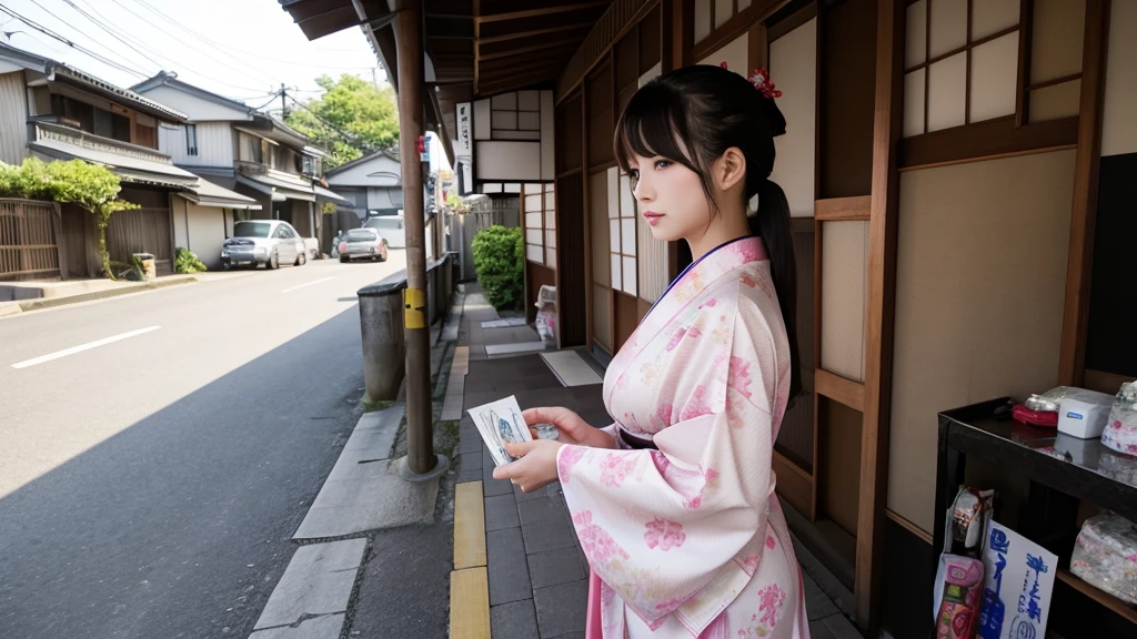 Create an image of a Japanese prostitute making money。
