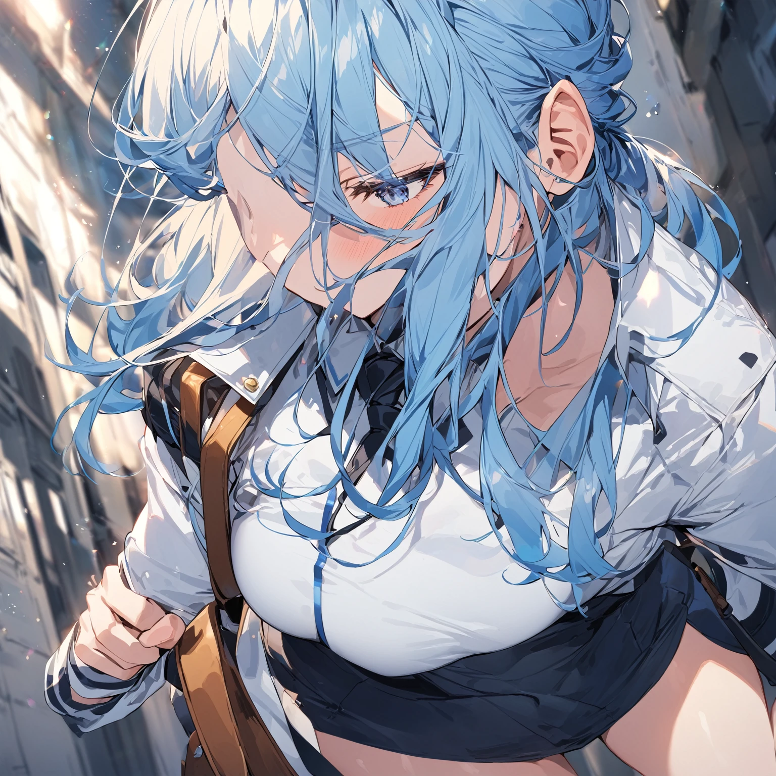 Girl with long blue hair, tight shirt, cosplay de uniforme