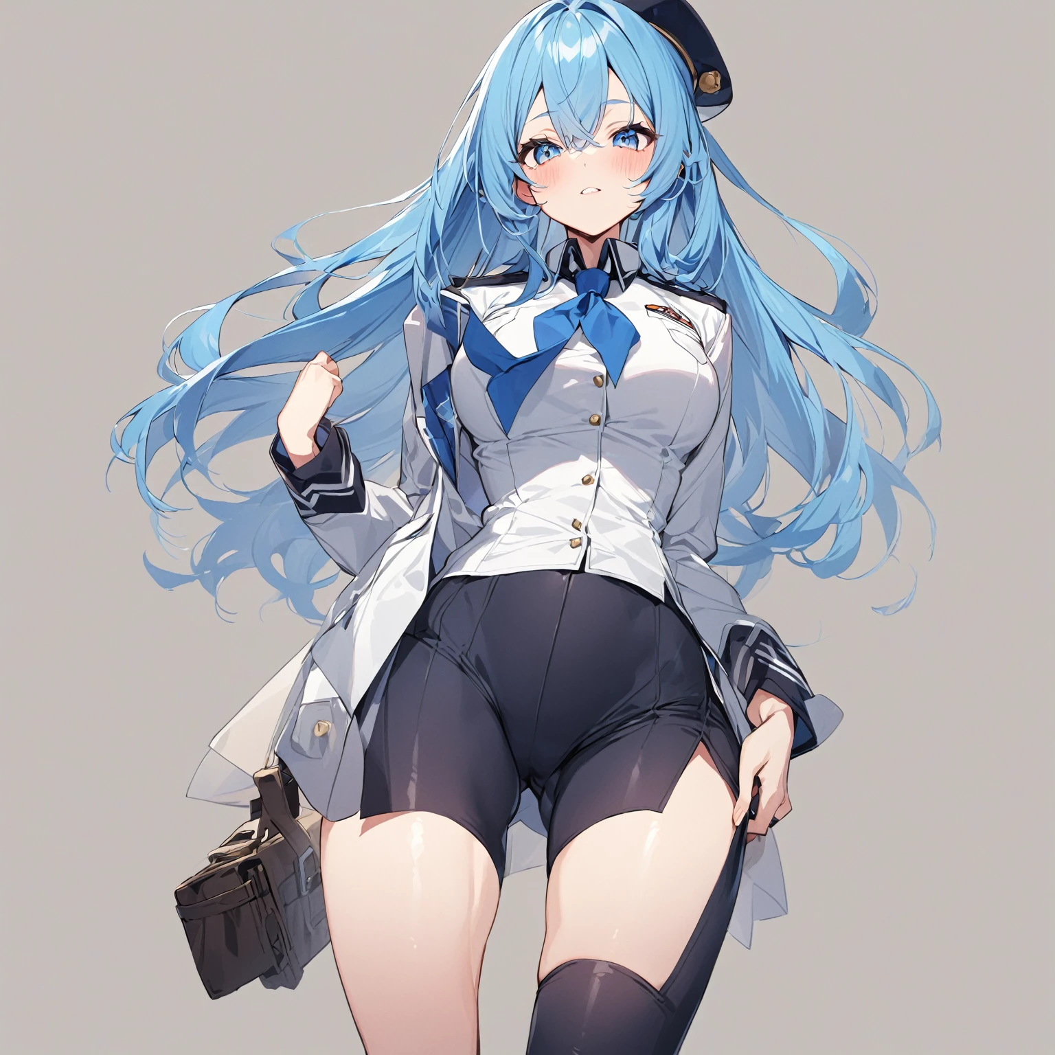 Girl with long blue hair, tight shirt, cosplay de uniforme