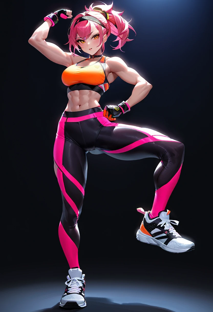 A gym enthusiast with a striking physique wears a bold gym outfit. High-waist leggings and a form-fitting crop top highlight her muscular build. Neon accents add a daring touch, while fingerless gloves enhance grip. Edgy sneakers and a fierce headband complete her look, showcasing power, confidence, and athleticism.
