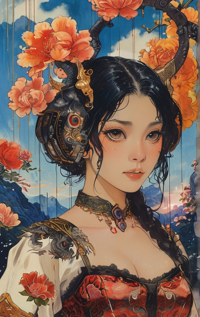 A white dragon lies in the middle of an endless field full of purple flowers, surrounded by snow-capped mountains and a blue sky sparkling with golden sunset rays. The whole scene is filled with a dreamy atmosphere, with vibrant colors and detailed background elements rendered in high resolution and detailed in a top quality illustration style. A girl with black hair and white eyes, dressed in dark , stands next to an anthropomorphic tiger, both looking at the camera. The background is adorned with intricate patterns of flowers and leaves., with a black color scheme, taken from a low angle shot, with high resolution and high detail, a masterpiece 、(Highest quality,4K,8K,High resolution,masterpiece:1.2),Super detailed,(Realistic,photoRealistic,photo-Realistic:1.37),Hot thick succubus mom with long black hair, deep black lips, She wears a revealing black leather outfit with BDSM themes.. Her outfit consists of a seductive bustier, accentuate her voluptuous figure. Her skin is a captivating shade of fiery red, Exudes a devilish charm. A pair of majestic demon wings gracefully grow from her back., Intricately detailed and intricately painted patterns. On her head, She has enchanted tiefling horns, Embodying her other-dimensional existence. The artwork should capture her captivating aura., Showing her confidence and strength. The lighting in the scene should accentuate the seductive curves of her body., Project dramatic shadows and highlights. The color palette should evoke a sense of darkness and desire., Rich black contrast, red, deep chestnut color.