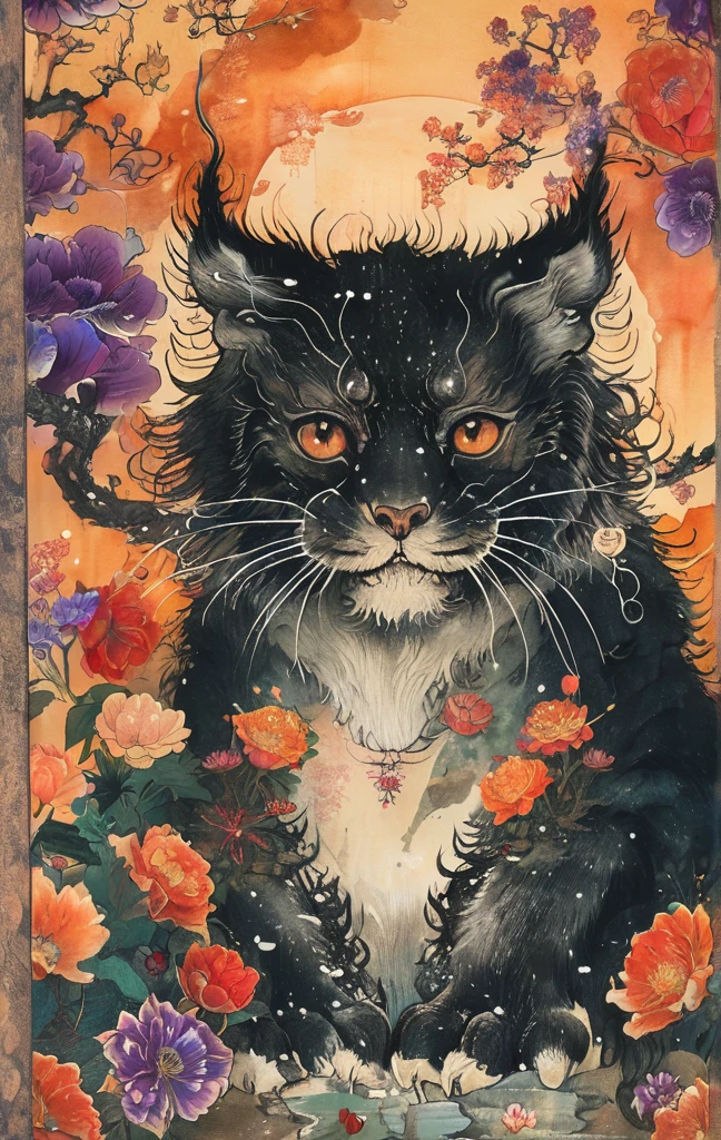 A white dragon lies in the middle of an endless field full of purple flowers, surrounded by snow-capped mountains and a blue sky sparkling with golden sunset rays. The whole scene is filled with a dreamy atmosphere, with vibrant colors and detailed background elements rendered in high resolution and detailed in a top quality illustration style. A girl with black hair and white eyes, dressed in dark , stands next to an anthropomorphic tiger, both looking at the camera. The background is adorned with intricate patterns of flowers and leaves., with a black color scheme, taken from a low angle shot, with high resolution and high detail, a masterpiece 、(Highest quality,4K,8K,High resolution,masterpiece:1.2),Super detailed,(Realistic,photoRealistic,photo-Realistic:1.37),Hot thick succubus mom with long black hair, deep black lips, She wears a revealing black leather outfit with BDSM themes.. Her outfit consists of a seductive bustier, accentuate her voluptuous figure. Her skin is a captivating shade of fiery red, Exudes a devilish charm. A pair of majestic demon wings gracefully grow from her back., Intricately detailed and intricately painted patterns. On her head, She has enchanted tiefling horns, Embodying her other-dimensional existence. The artwork should capture her captivating aura., Showing her confidence and strength. The lighting in the scene should accentuate the seductive curves of her body., Project dramatic shadows and highlights. The color palette should evoke a sense of darkness and desire., Rich black contrast, red, deep chestnut color.