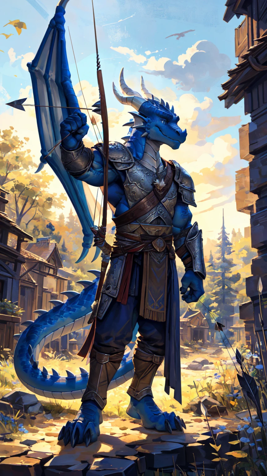 ((middle Ages:1.3，Range background:1.5))，Royal Family:1.2，((Bow and Arrow:1.5))，((sunny:1.4))，high resolution，4K，masterpiece，high quality，((dragon:1.4，Archer:1.6，bow and arrow:1.6))，male，dragonFurry，(teenager:1.3)，hairy，((Heroic and Calm:1.4))，(((Slender face:1.2，Lean:1.2，Long legs:1.3，Thick dragon tail:1.2)))，(((Gray head:1.2，Blue pupils:1.2，neck:1.3，Gray Hands:1.4，muscle:1.3)))，(((White Armor:1.3，There is a blue flag on the armor:1.4)))，(((Half Body:1.1，Bow pulling pose:1.5)))Exquisite eyes，Detailed body，Detailed hands，Detailed feet，Kenket&#39;s Art