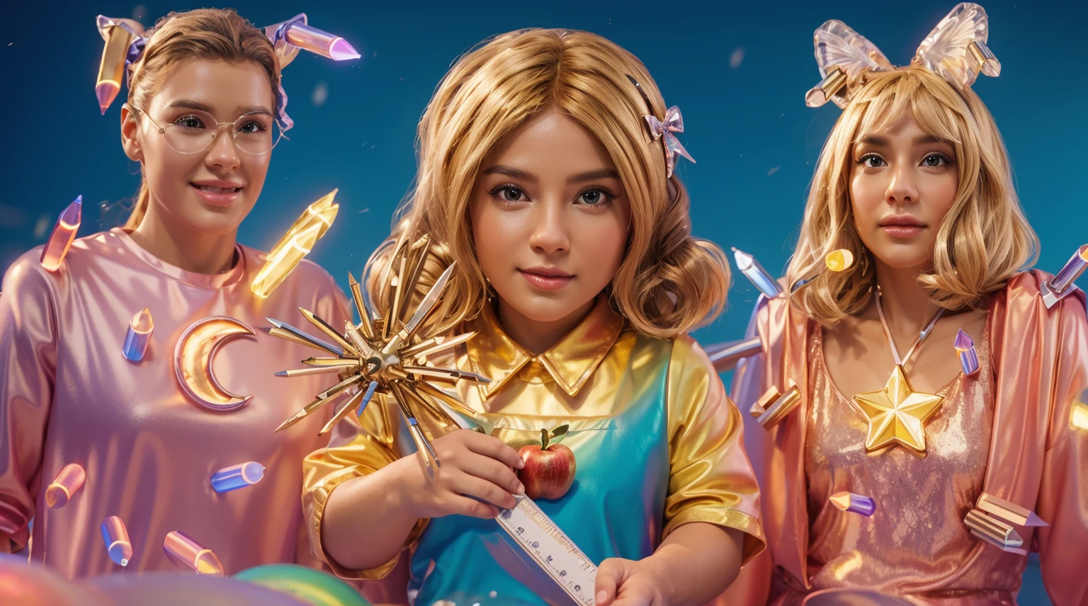  The image is a vibrant and whimsical representation of a 's imagination, featuring a young girl with blonde hair holding a colorful apple and surrounded by a group of friendly cartoon characters, smooth 3d model, glossy plastic texture, multiple light sources, rim light, sharp post effects render, most beautiful vfx, , realistic, 4k, high resolution, rim light, smooth 3d model. ,  glossy texture, smooth 3d model, multiple light sources, rim light, sharp post effects render, (glossy plastic texture with multiple big light probe refractions), perfect cgi,   reflective, best quality, 4k, masterpiece:1.2, ultra-detailed, realistic, vivid colors, The image of the highest quality, ensuring every detail showcased perfectly. It in 4k resolution, allowing viewers to immerse themselves in the richness of the colors and intricate details. The realistic rendering. under the spotlight, reflecting, high-resolution image, realistic rendering