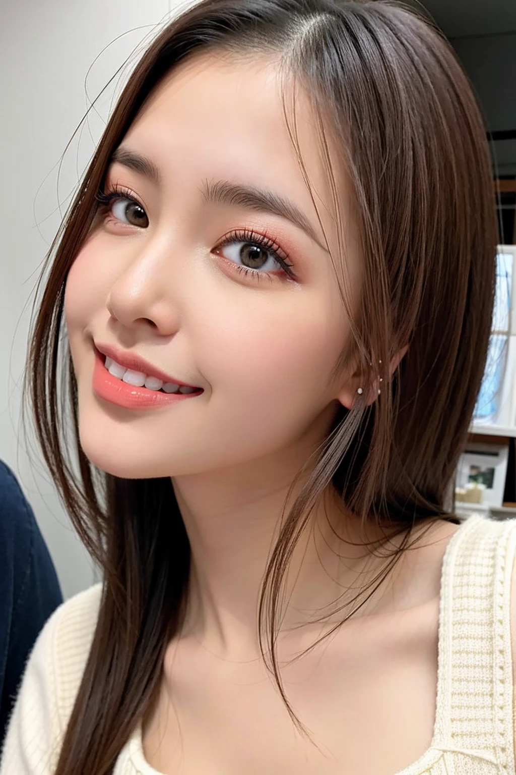 cute, (cute 1girl:1.35, 20-year-old), realism, (High resolution), ((Chiaroscuro, ray tracing lighting)), ((Top quality realistic textured skin)),((Highest quality realistic textured hair)), ((The most absurd nature: Perfect body)), ((Small Head:1.3)), slim and muscular body, ((Perfect balance)), ((Anatomically correct)), ((Perfect Dynamic Posture, Super K-Pop Idols)), ((Very detailed beautiful slim round face:1.3)), Light pale complexion, ((Very detailed, crisp and sharp perfect round realistic aqua_left eye:1.2)), ((Very detailed, crisp and sharp, Perfectly round and realistic crimson_right eye:1.2)),Detailed pupil, Best detailed lips, ((Perfect Professional Delicate Everyday Makeup)), ((Spacious, fluffy white knit dress:1.3)), A close-up of her face, (Architectural masterpieces behind the scenes, Victorian bathroom features modern nautical accents:1.25), ((A radiant smile, Fun atmosphere)), ((Perfect for everyday subtle makeup)),