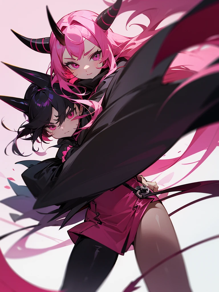 A demon with black little horn pink hair and a demon tail