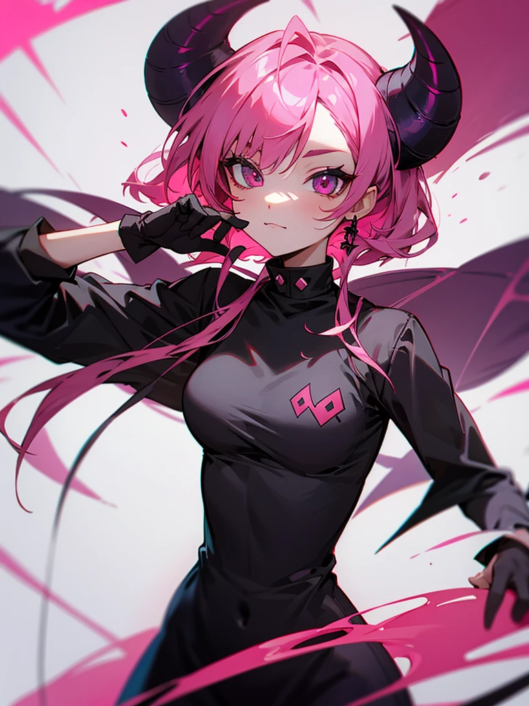 A demon with black little horn pink hair and a demon tail
