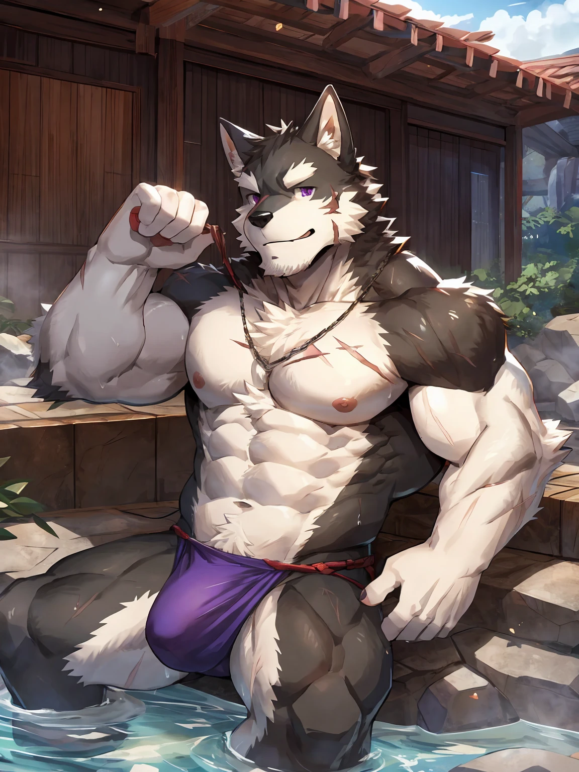 embedding:black wolf, male,purple eyes,Scar on the face, scar on the body,Single person,The fur on the chest and abdomen is white,white fundoshi,Sitting by the hot spring.Wet body,bulge,High quality background,The highest quality of scene detail,Chin stubble,Uncle,adult,Tall and powerful,Robust,muscle,Best quality hands, best quality eye,detailed fur,Delicate eyes.Extreme picture quality,by sollyz,by zixiong,by milkytiger1145