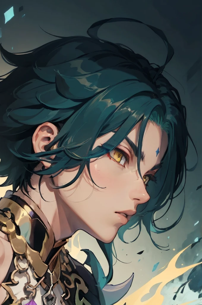 1 adult male solo,xiao \(genshin impact\), 1boy, male focus, short dark teal hair, yellow eyes, white sleeveless shirt, necklace, green tattoo on arm, detached white sleeve, black gloves, wide blue pants, black boots, pink and purple clothes details, black shoulder armor with spikes,