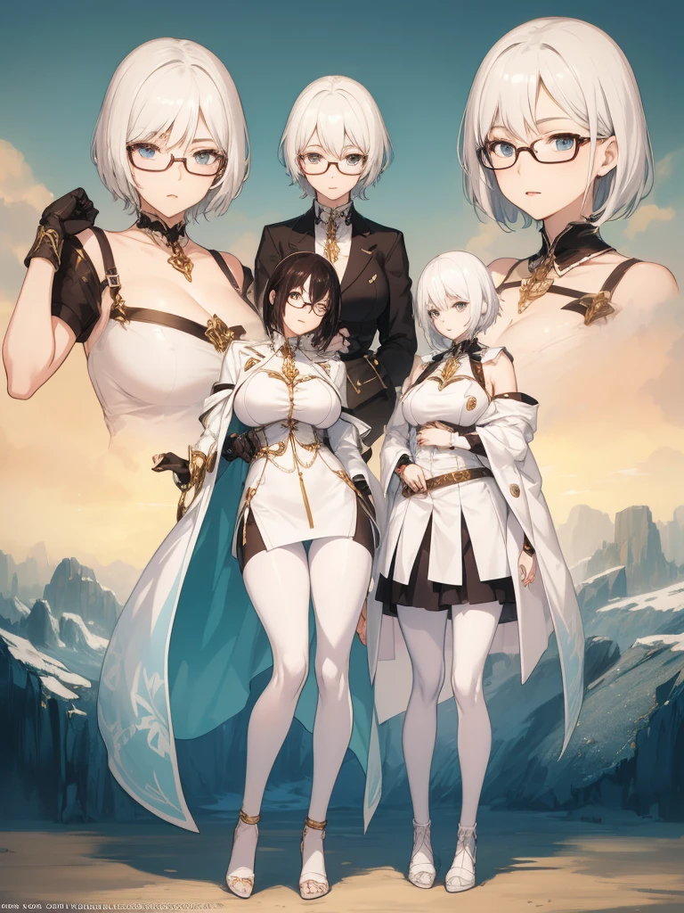 Concept art of anime character, young woman, 21 years old, white short hair, glasses, huge breasts, white fashion shirt, black leggings, full body, two poses, one dynamic pose, one static pose
