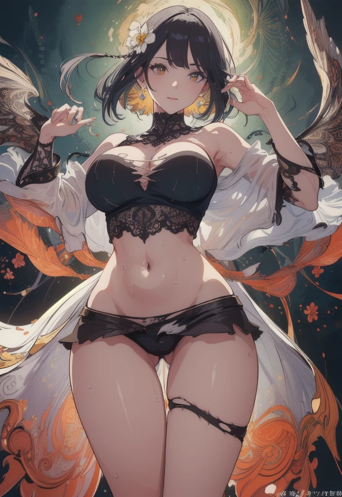 (psychedelic art:1.5), (from below:1.2), intricate dress, upper body, (Best quality, 8k, Masterpiece :1.3), (realistic, photorealistic: 1.37), (Pretty woman in her 20s), (slim), (emphasizing slender abs :1.3), (loose white lace shirt, tight lace shorts that accentuate her big buttocks), (crotch tattoo), transparent top clothing,(random pose), (wet body), (long hair, random hairstyle), (large breasts :1.3), (Ultra-detailed face), (desired temptation eyes), (Double eyelids), (eyeshadow intensifying), (many eyelashes), (long legs), (professional lighting), (photon mapping), (radiosity), raw photo:1.2, masterpiece, highest quality, 16k, unbelievably absurd, very detailed, perfect beauty, (double exposure vibrant colors silhouette:1.3), (layered vibrant colors silhouette:1.2), (beautiful feather wave, flowing dress, flowy golden long hair, (flowers:1.2), best image quality, masterpiece, super high resolution, (fidelity:1.4), movie, (torn clothes:1.5), (wet clothes:1.4), bare shoulders, wet hair, official art, unity 8k wallpaper, ultra detailed, beautiful and aesthetic, masterpiece, best quality, (fractal art:1.3) , extremely detailed, dynamic angle, cowboyshot, elegant, a brutalist designed, vivid colours, romanticism, atmospheric, ecstasy of musical notes, streaming musical notes visible. (masterpiece, top quality, best quality, official art, beautiful and aesthetic:1.2), (1 female:1.3), extremely detailed, (fractal art:1.1),(colorful:1.1)(lace:1.3),highest detailed,(zentangle:1.2), (abstract background:1.3), (shiny skin), (many colors:1.4),(earrings), best quality, ultra-detailed, super detailed skin, cute, extremely detailed, 8K, dynamic angle, belly button, blash, smile, uncensored, motion, navel, croptop, two-tone hair color, HDR, wind, perfect hand, active, ART STYLE