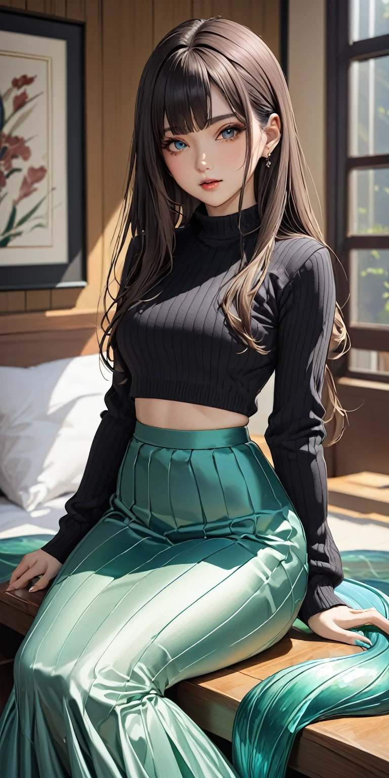 Portraiture、(masterpiece,Highest quality,Ultra-high resolution),Japanese women, (((Very beautiful 25 year old girl))),Long sleeve sweater、((Satin Mermaid Skirt))、The skirt is ankle-length、