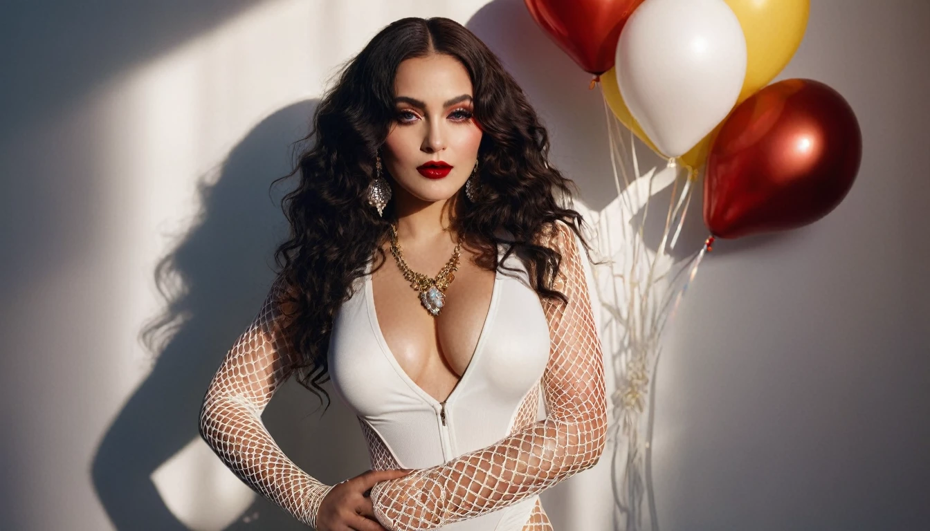 Gorgeous, curvaceous woman, sexy chic style, ultra-realistic detail, She poses indoors in full body, (((wearing a white V-neck fishnet body suit))), (((both hands are at her side))), Cartier earrings and necklace, her long curly hair cascades, standing in front of wall of colorful large balloons during sunset, radiating elegance with red lipstick and radiant Gothic makeup with eyeshadow, photo boasts shadow lighting and analog style, shot in ultra-high resolution with a Hasselblad X1D camera, Fuji Velvia Film, soft cinematic lighting enhances her face in this anatomically accurate, 8K