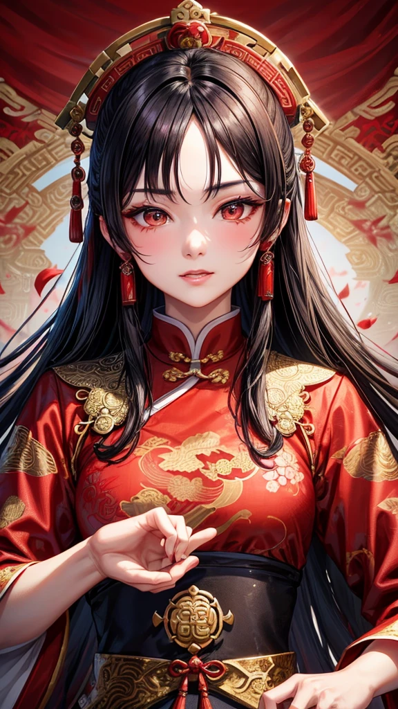 Chinese ancient style handsome girl,frontal close-up,facial close-up,black long hair,wearing ancient Chinese red wedding clothes,wedding clothes with patterns,red petals flying in the air,the background is a gorgeous wedding palace,delicate facial features,details painting,fantasy art,animation aesthetics, HD 8 --ar 9:16 --niji 5