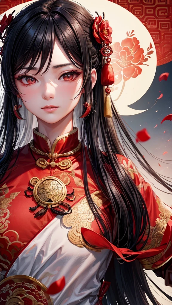 Chinese ancient style handsome girl,frontal close-up,facial close-up,black long hair,wearing ancient Chinese red wedding clothes,wedding clothes with patterns,red petals flying in the air,the background is a gorgeous wedding palace,delicate facial features,details painting,fantasy art,animation aesthetics, HD 8 --ar 9:16 --niji 5