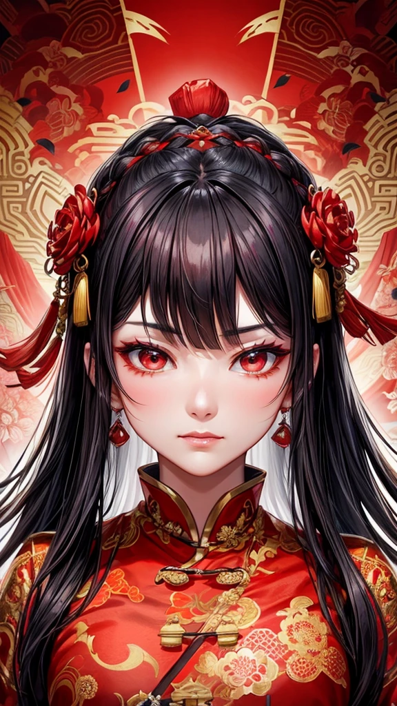 Chinese ancient style handsome girl,frontal close-up,facial close-up,black long hair,wearing ancient Chinese red wedding clothes,wedding clothes with patterns,red petals flying in the air,the background is a gorgeous wedding palace,delicate facial features,details painting,fantasy art,animation aesthetics, HD 8 --ar 9:16 --niji 5