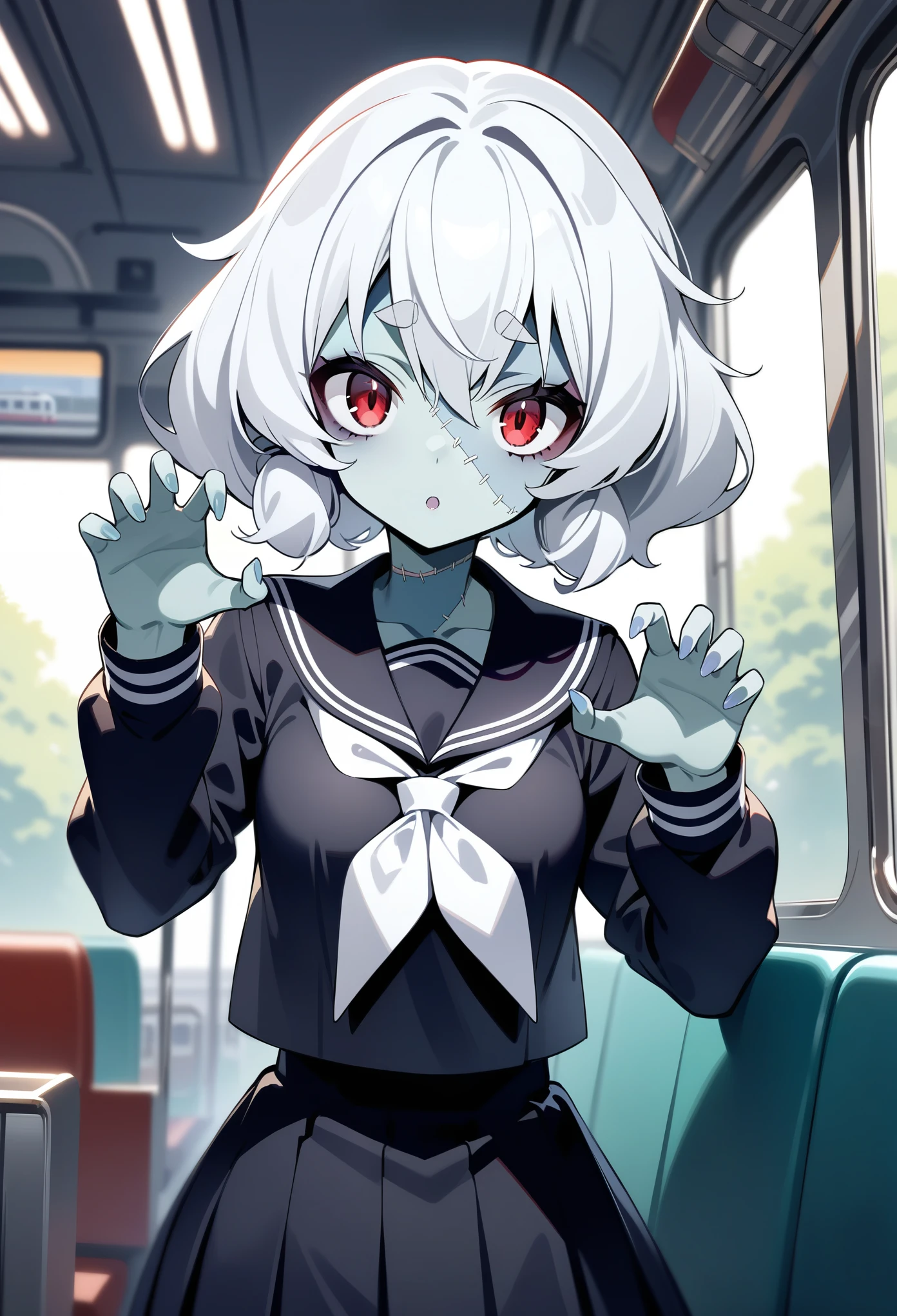 masterpiece, best quality, very aesthetic, absurdres,
1girl, konno junko, zombie land saga, zombie, patchwork skin, white hair, red eyes, black sailor collar, black skirt, , serafuku, white neckerchief, train, train interior, claw pose, looking at viewer,