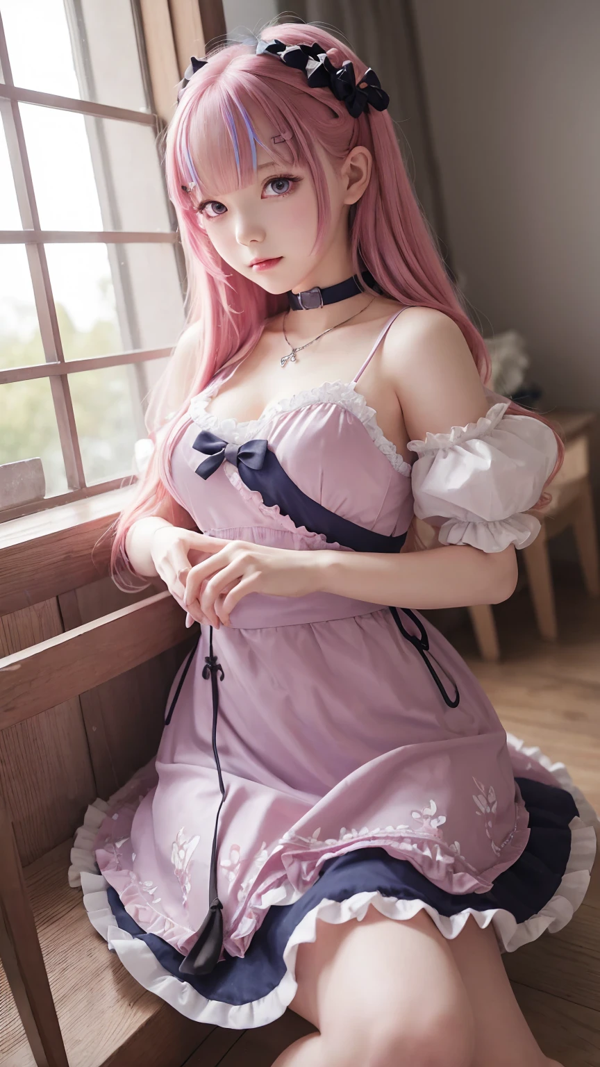 ((masterpiece)), (((best quality))), ((ultra-detailed)), ((illustration)), anime girl with pink hair and blue dress sitting on the floor, a digital rendering by Kamagurka, pixiv, auto-destructive art, anime girl in a maid costume, gorgeous maid, from the azur lane videogame, maid outfit, rem rezero, maid, splash art anime loli, atelier lulua, fine details. girls frontline, maid dress
