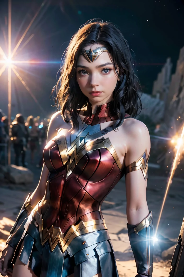 Scene from Movie, Wonder Woman from DC Close-Up, Distorted Space, Distorted Undead in the Background, Lens Flares, Light Shafts, Intricate Details, High Detailed, Volumetric Lighting, 4k Rendering, Stock Photo, Hyper-Realistic, Realistic Textures, Dramatic Lighting, Unreal Engine
