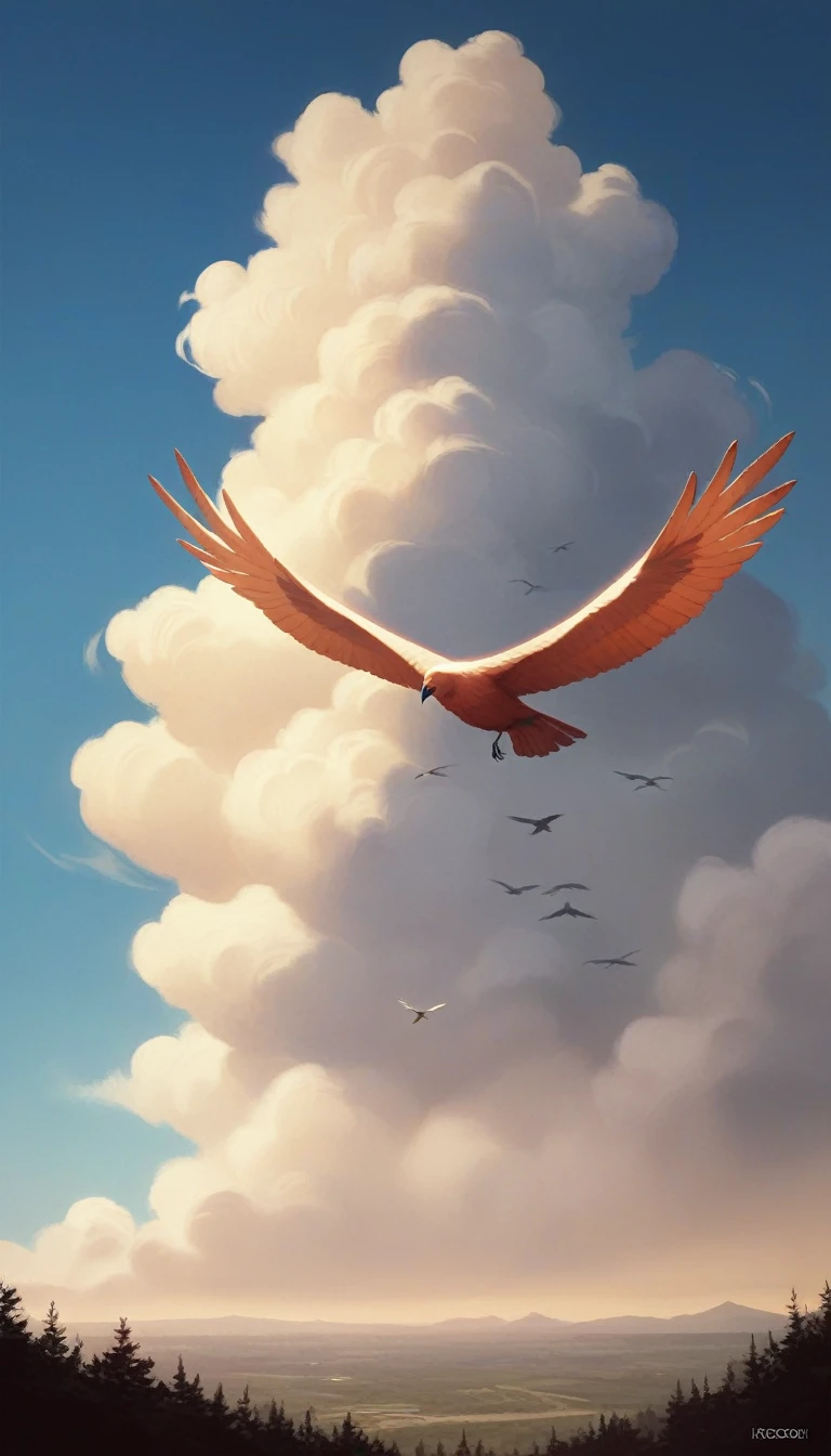 BJ_Sacred_beast, Peacock, solo, outdoors, wings, sky, cloud, blue_sky, no_humans, bird, animal, cloudy_sky, scenery, feathered_wings, flying,
cinematic lighting,strong contrast,high level of detail,Best quality,masterpiece,