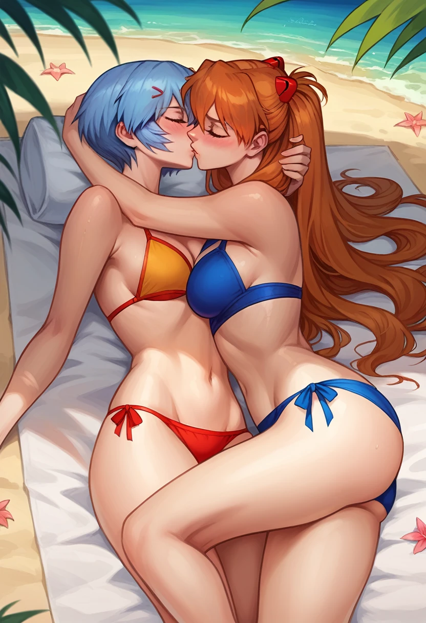 score_9, score_8_up, score_8_up, source_anime, 2girls, (Asuka Langley Soryu, orange hair, long flowing hair, hair ornament:1.0), (Rei Ayanami, blue hair, short bob hair:1.0), girlfriends, cleavage, bikinis, beach, outdoors, laying, hugging, kissing, blush, perfect anatomy, anatomically correct.