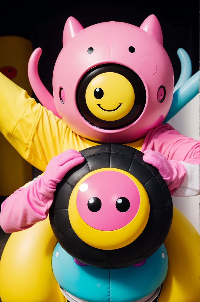 Make a pink happy alien with 3 round eyes. Make him enjoying with his friend who is yellow in color with a smiley face. 