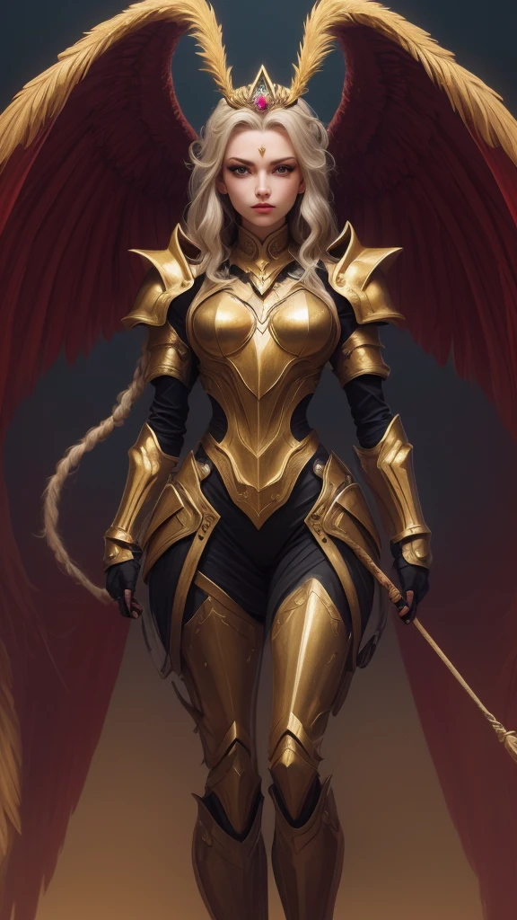 A woman adorned in fantasy-style full-body armor, a crown-concept fully enclosed helmet that unveils only her eyes, a composite layered chest plate, fully encompassing shoulder and hand guards, a lightweight waist armor, form-fitting shin guards, the overall design is heavy-duty yet flexible, (the armor gleams with a golden glow, complemented by red and blue accents), exhibiting a noble aura, she floats above a fantasy-surreal high-tech city, this character embodies a finely crafted fantasy-surreal style armored hero in anime style, exquisite and mature manga art style, (mixture of Queen bee and Spider concept Armor, plasma), ((Element, elegant, goddess, femminine:1.5)), metallic, high definition, best quality, highres, ultra-detailed, ultra-fine painting, extremely delicate, professional, anatomically correct, symmetrical face, extremely detailed eyes and face, high quality eyes, creativity, RAW photo, UHD, 32k, Natural light, cinematic lighting, masterpiece-anatomy-perfect, masterpiece:1.5